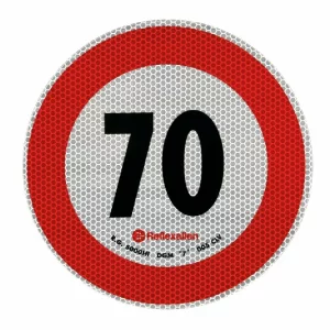 Autocolant limitator viteza reflectorizant, conform standardelor europene clasa 2, O20cm, 70km/h