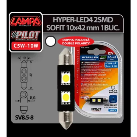 Bec Hyper-Led4 - 2SMD 12V sofit 10x42mm soclu SV8,5-8 1buc - Alb