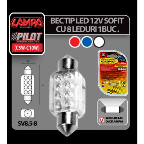 Bec LED 12V - 13x35mm - 8LED Sofit SV8,5-8 1buc - Alb