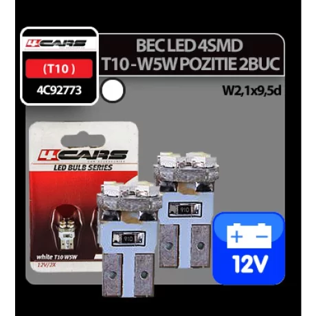 Bec Led - 4SMD 12V pozitie T10 W2,1x9,5d 2buc 4Cars - Alb