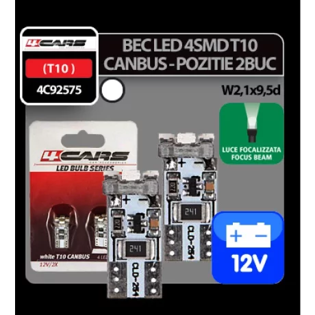 Bec Led - 4SMD 12V pozitie T10 W2,1x9,5d Canbus 2buc 4Cars - Alb focalizat