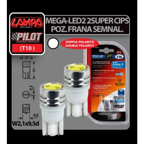 Bec Mega-Led2 - 2Super Cip 12V pozitie T10 W2,1x9,5d 2buc - Alb