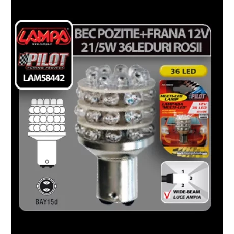 Bec Multi-Led 36Led 12V - P21/5W Pozitie, Frana BAY15d 1buc - Rosu