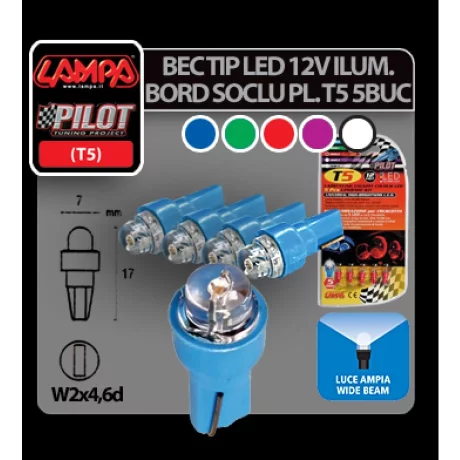 Bec tip LED 12V iluminat bord soclu pl. T5 W2x4,6d 5buc - Rosu
