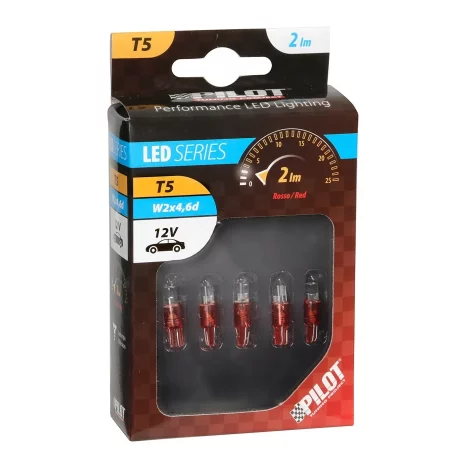 Bec tip LED 12V iluminat bord soclu pl. T5 W2x4,6d 5buc - Rosu
