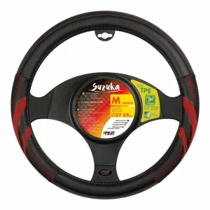 Husa volan imitatie piele Suzuka - M - O 37/39cm - Negru/Rosu