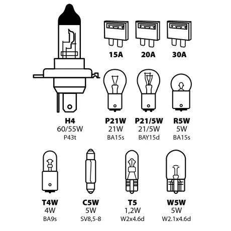 Kit becuri si sigurante 11buc, 12V - halogen H4 P43