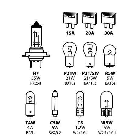 Kit becuri si sigurante 11buc, 12V - halogen H7