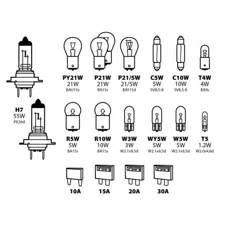 Kit becuri si sigurante 19buc, 12V - halogen 2xH7