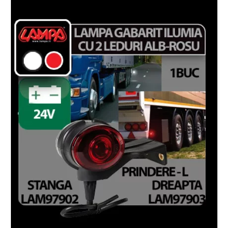 Lampa gabarit camion Ilumia cu prindere L - 2 LED-uri 24V - Alb/Rosu - Dreapta