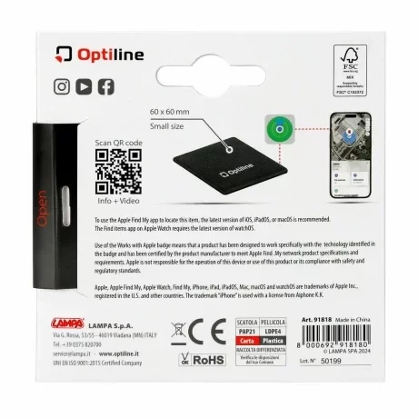 Localizator de obiecte Opti Tracker Compact, Ultra-subtire, cu adeziv, functionare prin aplicatia Find My de la Apple