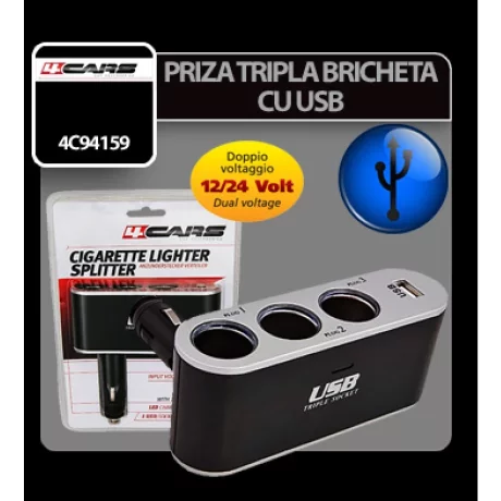 Priza tripla bricheta cu USB 12/24V 4Cars