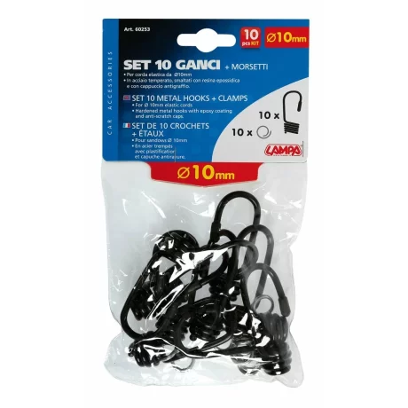 Set carlige si cleme fixare metal 10buc pt cordon cauciucat O10mm