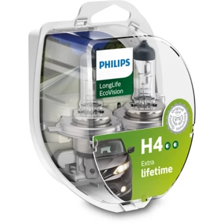 SET 2 BECURI FAR H4 60/55W 12V LONGER LIFE ECOVISION PHILIPS