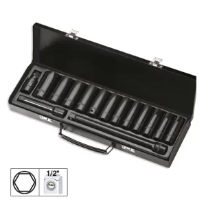 SET DE 15 PIESE DE IMPACT CU 12 TUBULARE LUNGI DE 1/2` HEXAGONALE + ADAPTOARE JBM