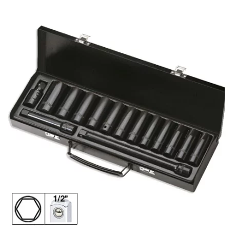 SET DE 15 PIESE DE IMPACT CU 12 TUBULARE LUNGI DE 1/2` HEXAGONALE + ADAPTOARE JBM